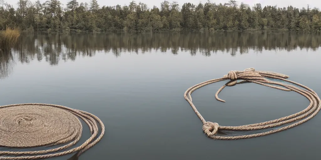 Image similar to centered subject on an infinitely long rope zig - zagging across the surface of the water into the distance, the floating submerged rope stretches out towards the center of the lake, a dark lake on an overcast day, atmospheric, color film, trees in the background, hyper - detailed photo, anamorphic lens