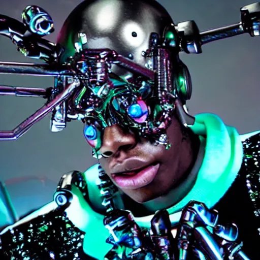 Image similar to a cinematic film still of rapper unotheactivist as a cybernetic cyborg, cgi, surrealism, film photography