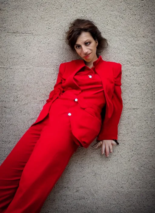 Image similar to color portrait of a beautiful 35-year-old Italian woman, wearing a red outfit, candid street portrait in the style of Mario Testino close up, detailed, award winning, Sony a7R