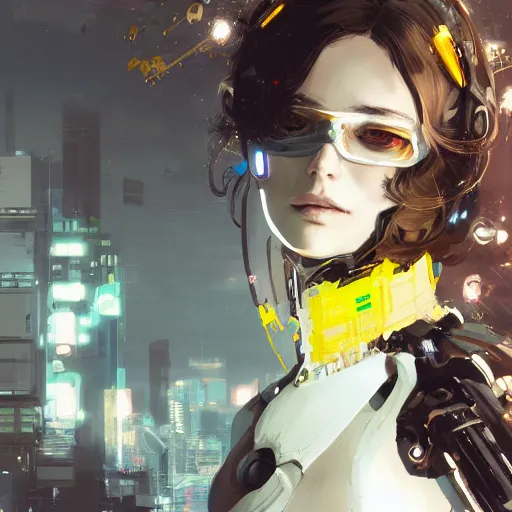 Prompt: highly detailed portrait of a stunning post-cyberpunk robotic young lady with long wavy hair by Dustin Nguyen, Akihiko Yoshida, Greg Tocchini, Greg Rutkowski, Cliff Chiang, 4k resolution, persona 5 inspired, vibrant yellow ,brown, white and black color scheme with stray wiring