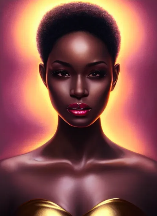 Image similar to a gorgeous black woman oil painting, soft lighting, wearing shiny gold catsuit, illuminated only by floating, glowing alien symbols, realistic, smooth face, perfect eyes, wide angle, sharp focus on eyes, 8 k high definition, insanely detailed, intricate, elegant, art by artgerm, livia prima and wlop