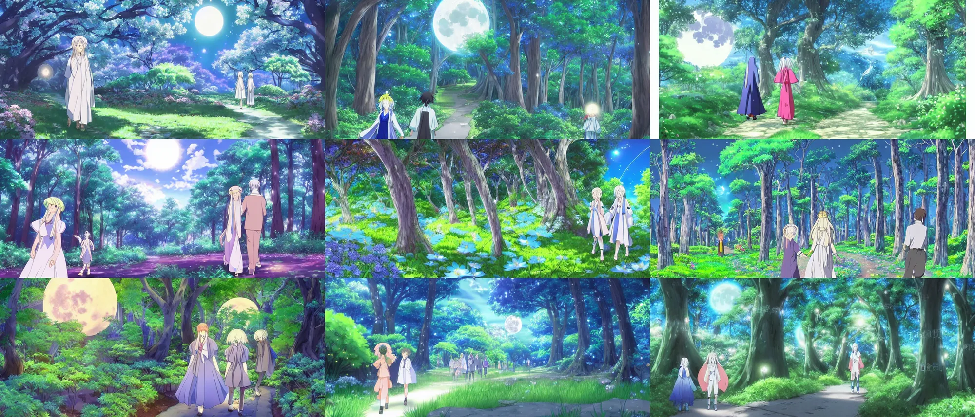 Prompt: illyasviel and Konpaku walking through enchanted ghibli clover Forest • Bright Big Moon at Blue Night • Trees with white flowers • bioluminescent blue FLOWERS • strong blue rimlit • visual-key • anime illustration • highly detailed High resolution • Light Novel • Visual Novel • In the style of Miyama-Zero, Yuuki Hagure • brilliant vibrant saturated dark colors • Digital-watercolor