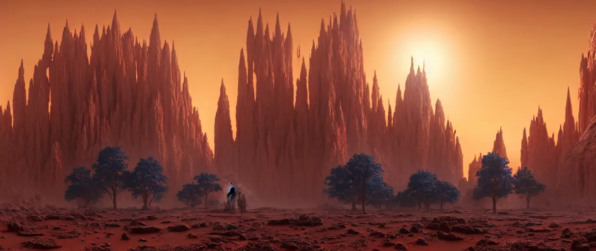 Image similar to hyperrealistic hyper detailed sunrise shot of neo-gothic monastery on mars surrounded by giant blue trees matte painting concept art maciej kuciara gustave courbet very cinematic orange lighting high angle hd 8k sharp shallow depth of field