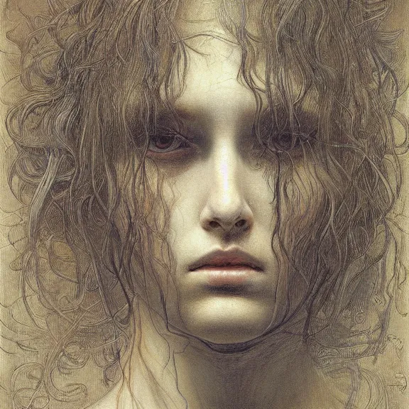 Prompt: a highly detailed portrait in the style of jean delville and in the style of james jean.