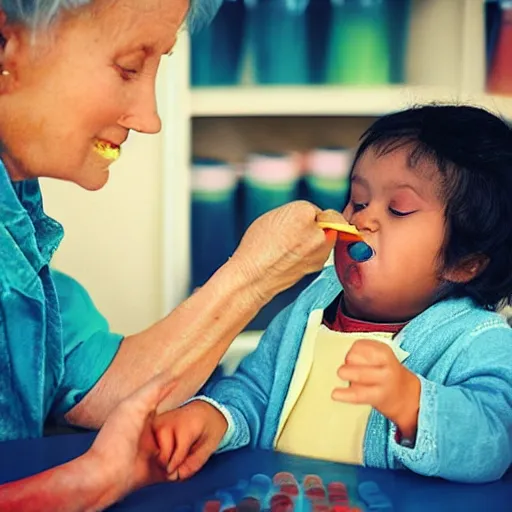 Image similar to “ old lady feeding crayons to child, bizzaro ”