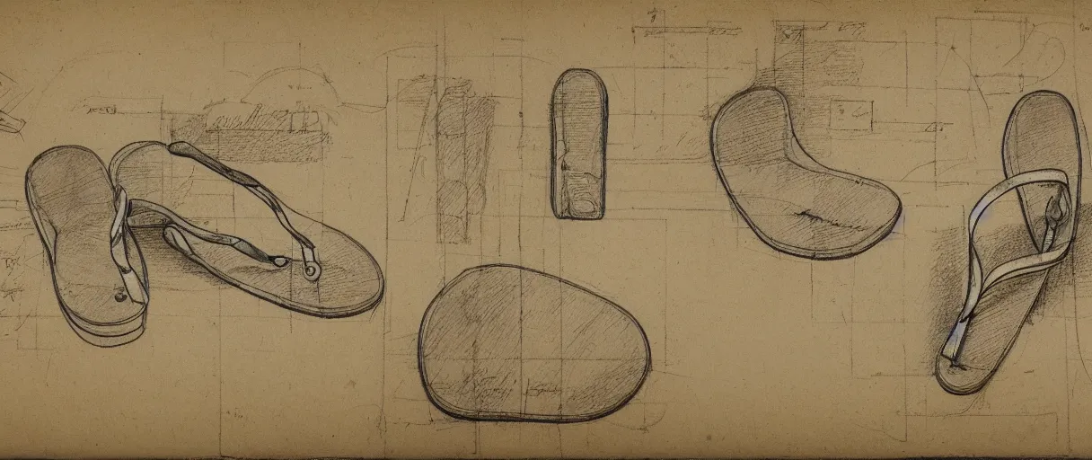 Image similar to detailed blueprint sketches of flip flops, labelled, high detail, realistic, professional, notes, diagram, by leonardo davinci, on yellow paper, worn, pencil, sketch