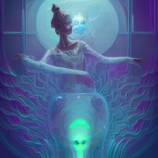 Image similar to intricate holographic ghost in the machine ballerina made of micro circuitry and transistors in a glowing deep sea by peter mohrbacher and dan mumford, trending on artstation, cgsociety 4 k