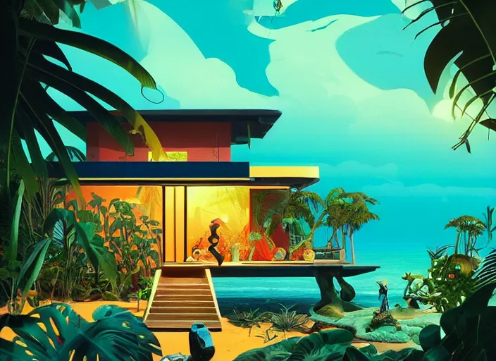 Image similar to a luminescent tropical cottage by paolo eleuteri serpieri and tomer hanuka and chesley bonestell and daniel merriam and tomokazu matsuyama, unreal engine, high resolution render, featured on artstation, octane, 8 k, highly intricate details, vivid colors, vector illustration