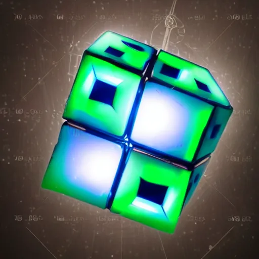 Image similar to metal very complex mechanical cube with green light flying through space