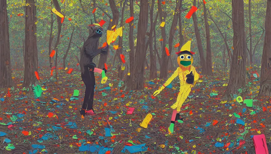 Prompt: safety cones scattered around an oak tree forest, man in muppet bigfoot sri lankan mask costume dancing in the distance dancing, by james jean by ilya kuvshinov kintsugi, hyper detailed surrealist painting