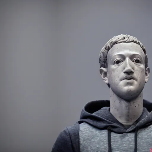 Prompt: close up photo of highly detailed marble statue of mark zuckerberg with a hoodie in a museum with a large crowd of gray aliens observing, far future, 8 k, 1 5 0 mp,