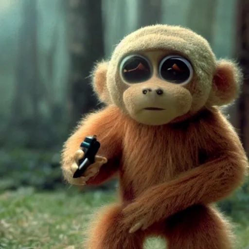 Prompt: A movie still of Cheburashka with large monkey-like ears from Eduard Uspensky\'s novels holding a lightsaber, 4K