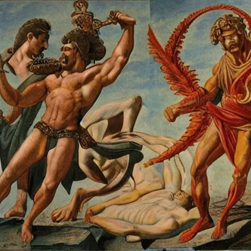 Image similar to The collage depicts the mythical hero Hercules in the moments after he has completed one of his twelve labors, the killing of the Hydra. Hercules is shown standing over the dead Hydra, his body covered in blood and his right hand still clutching the sword that slew the beast. His face is expressionless, betraying neither the exhaustion nor the triumph that must surely accompany such a feat. by Rob Gonsalves harrowing, harrowing