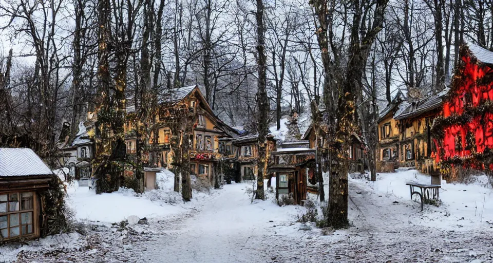 Prompt: an eerie abandoned village in the black forest decorated with christmas lights