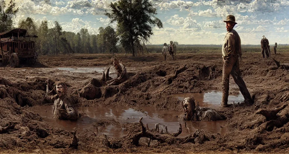 Image similar to an arkansas man trapped in a mud pit, horror painting, highly detailed, sharp focus, matte painting, by isaac levitan and asher brown durand,