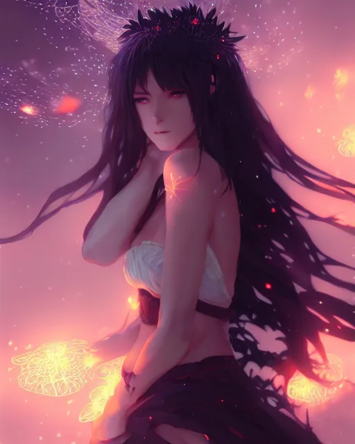 Image similar to a goddess of the night surrounded by fireflies, final fantasy, cushart krenz, very detailed, realistic face, detailed face, matte, tonemapping, perfection, 4 k,