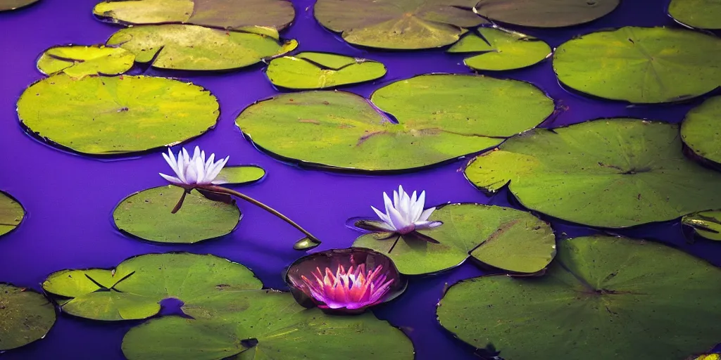 Image similar to hand holding water lily, studio shot, night dramatic lighting, blue, yellow and purple tones, wide camera angle, matte painting, trending on ArtStation, concept art, delightful surroundings, high detail, sharp contrast, ray tracing, picturesque artwork by Mike Winkelmann, artwork by Ridley Scott, 4K, 8K, super graphically realistic detailed, high definition, HDR