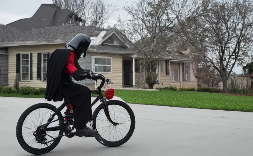 Image similar to Darth riding his child sized bike in front of his home, 8k