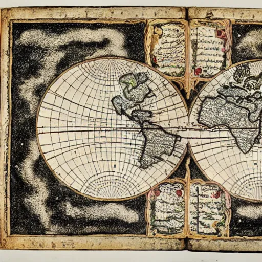 Prompt: the map that shows the way to paradise, ancient lost cartography, illustrated borders and margines