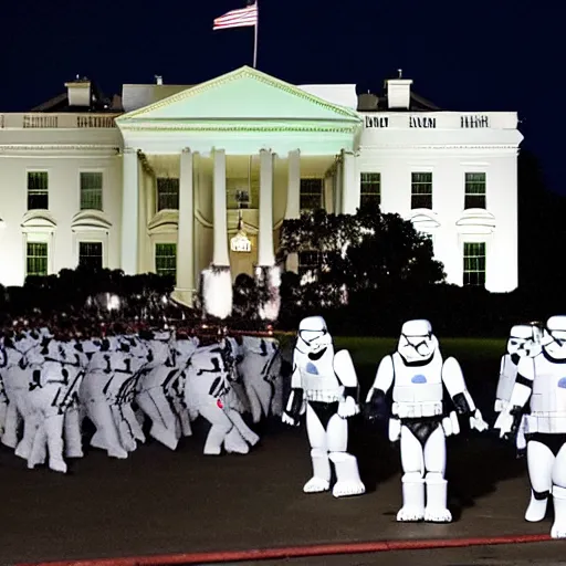 Image similar to a still candid image of hundreds of stormtropers rioting in front of a the white house in washington.!!!, dusk, fire, smoke, kayos, flames