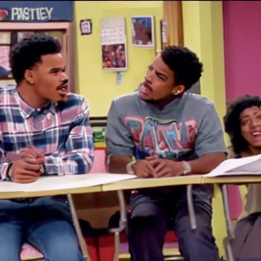Image similar to a tv still of Chance The Rapper starring as a black college student at Jones College Prep in a 1993 sitcom