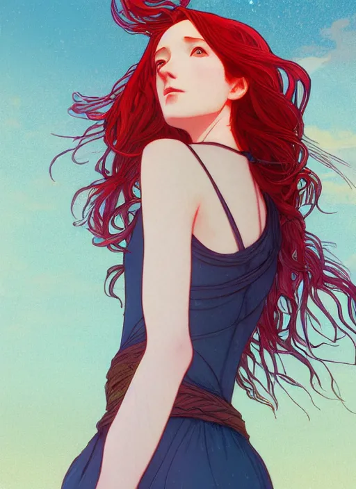 Image similar to pretty young woman with long red hair walking at night, path traced, highly detailed, high quality, digital painting, by studio ghibli and alphonse mucha, leesha hannigan, makoto shinkai, disney