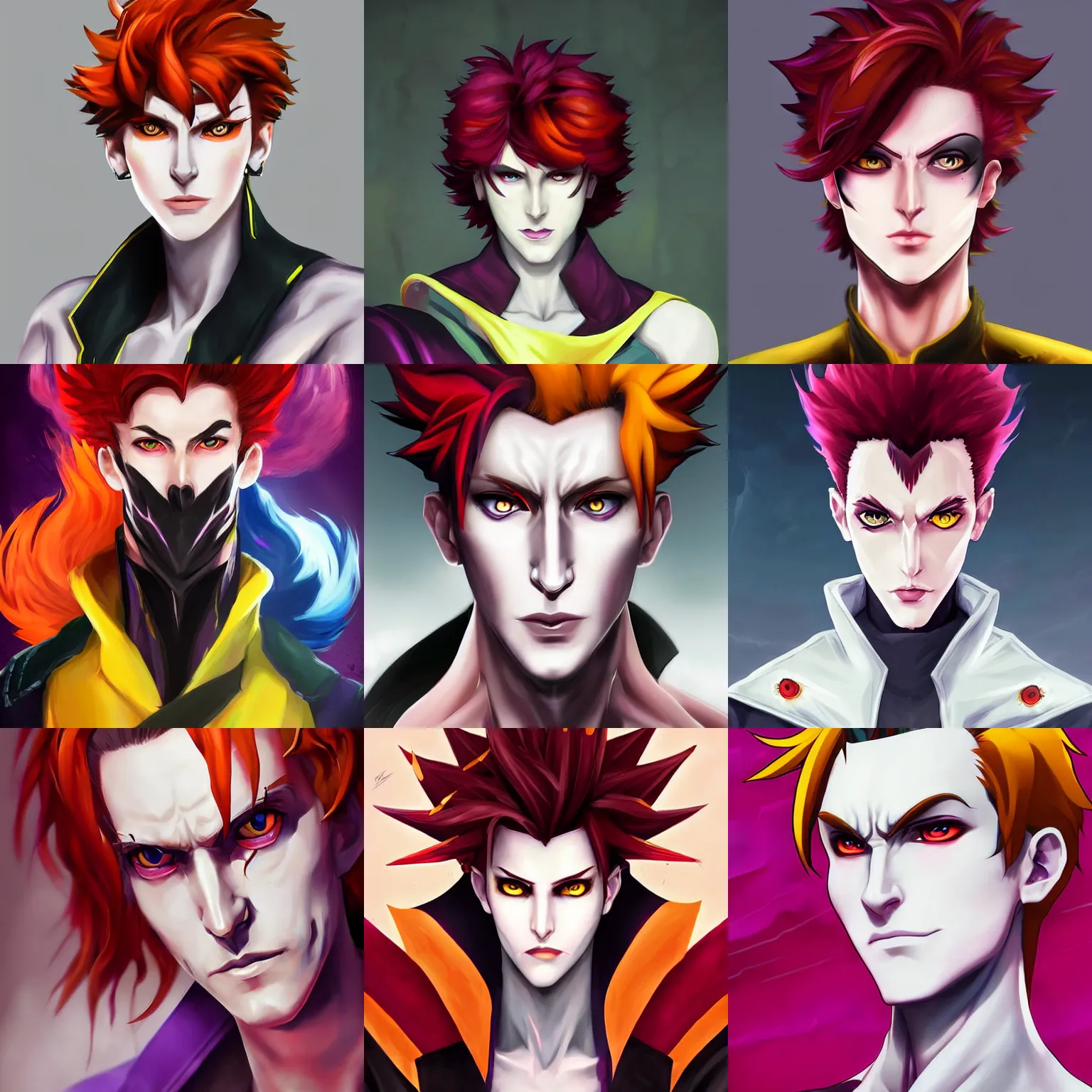 Prompt: portrait of moira overwatch hisoka hunter hunter 2 0 years old evil male upper body extreme sharp features, yellow eyes, narrow eyes crimson hair, tousled medium length anime photorealistic artstation key art anime sharp focus hunterpedia rutkowski