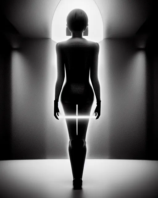 Image similar to black and white high quality photo of a beautiful futuristic female human-cyborg looking into a sci-fi mirror, volumetric lighting, liminal space, brutalism, foggy, dreamy, hyperdetailed, bokeh, photorealistic, cinematic, masterpiece, Metropolis, elegant, dark, octane render, 8K, in the style of Dora Maar