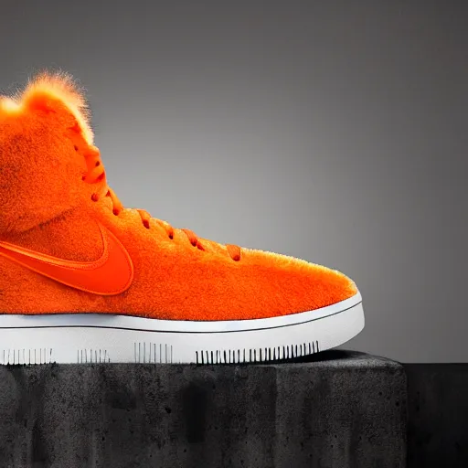 Prompt: nike shoe made of very fluffy orange faux fur placed on reflective surface, professional advertising, overhead lighting, heavy detail, realistic by nate vanhook, mark miner