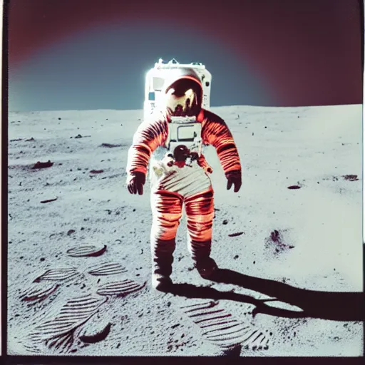 Image similar to vintage polaroid of a woman in a spacesuit, on the surface of the moon landing, warm azure tones, red color bleed, film grain