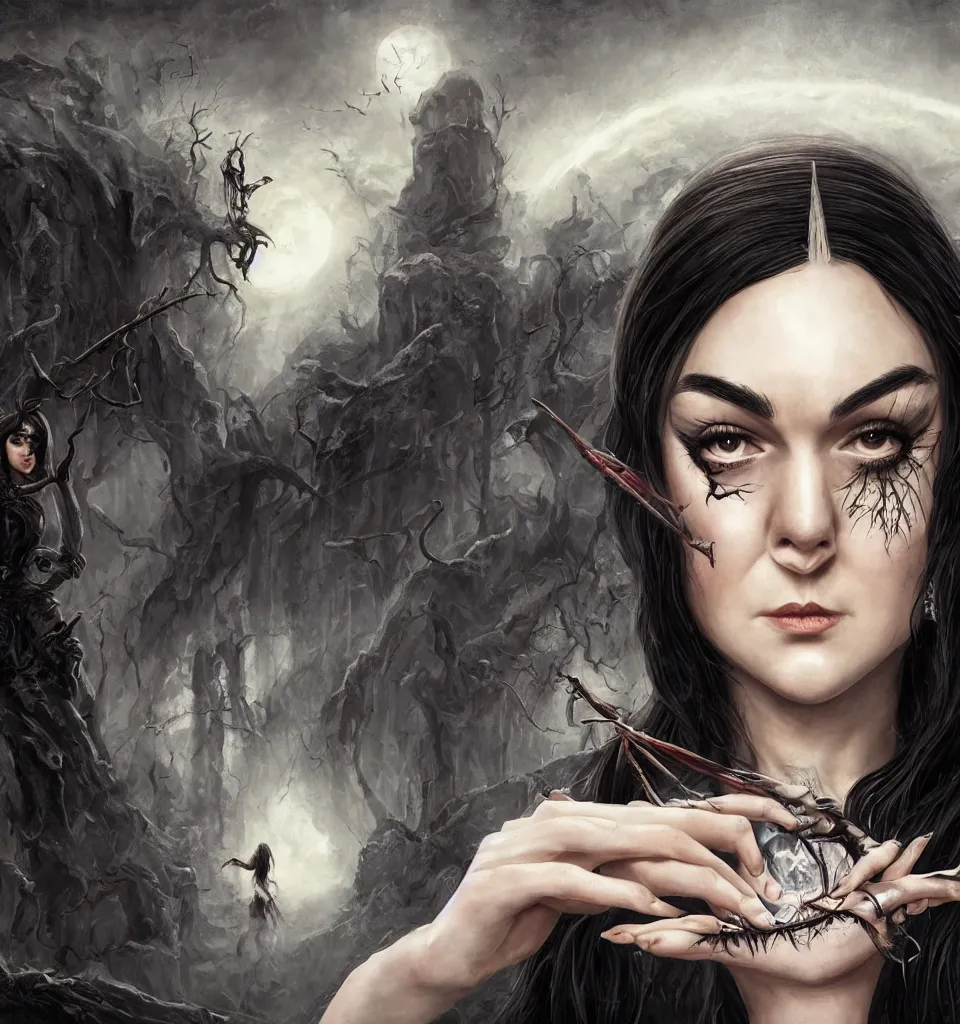 Image similar to photo-portrait of sasha grey as a fearless witch with magical powers doing a dangerous summoning spell, style of Midjourney, stylized, 8k high details, detailed and intricate, elegant, ornate, horror, elite, ominous, haunting, beautiful digital painting, cinematic, cgsociety, artstation, octane render, 8k, unreal engine