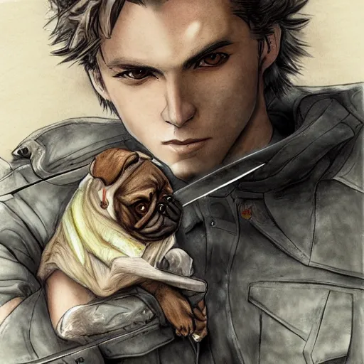 Prompt: self portrait, young white hispanic handsome man with short light brown hair and light skin and a 5 o clock shadow and holding a pug while fighting against 2 swordsmen pencil art, warzon, battlefield, added detail, high definiton, colored, backfacing, illustrated by yoji shinkawa