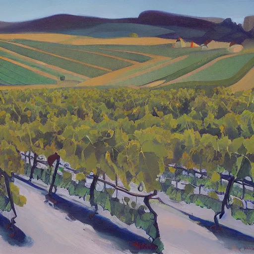 Image similar to dreaming futuristic csaterberg vineyards, painted by Alex Katz and Edward Hopper, airbrush, highly detailed