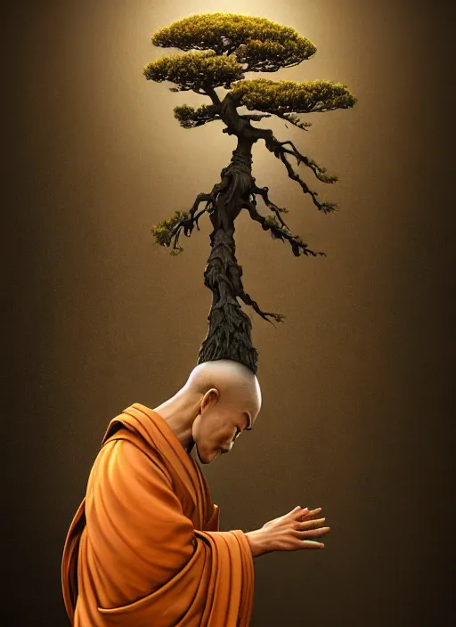 Prompt: shinto monk with a bonsai growing out of his head, intricate, rim light, octane render, by tomasz alen kopera, cgsociety and fenghua zhong, highly detailed, art, cinematic lighting, very coherent, hyper realism, high detail, 8 k