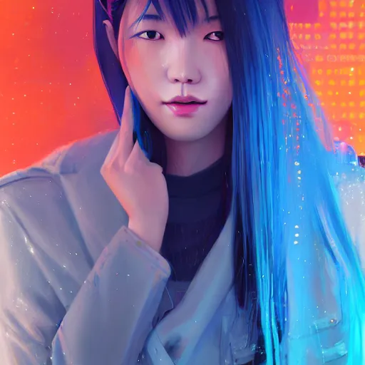 Prompt: a digital painting of a korean woman in the rain with blue hair, cute - fine - face, pretty face, cyberpunk art by sim sa - jeong, cgsociety, synchromism, detailed painting, glowing neon, digital illustration, perfect face, extremely fine details, realistic shaded lighting, dynamic colorful background