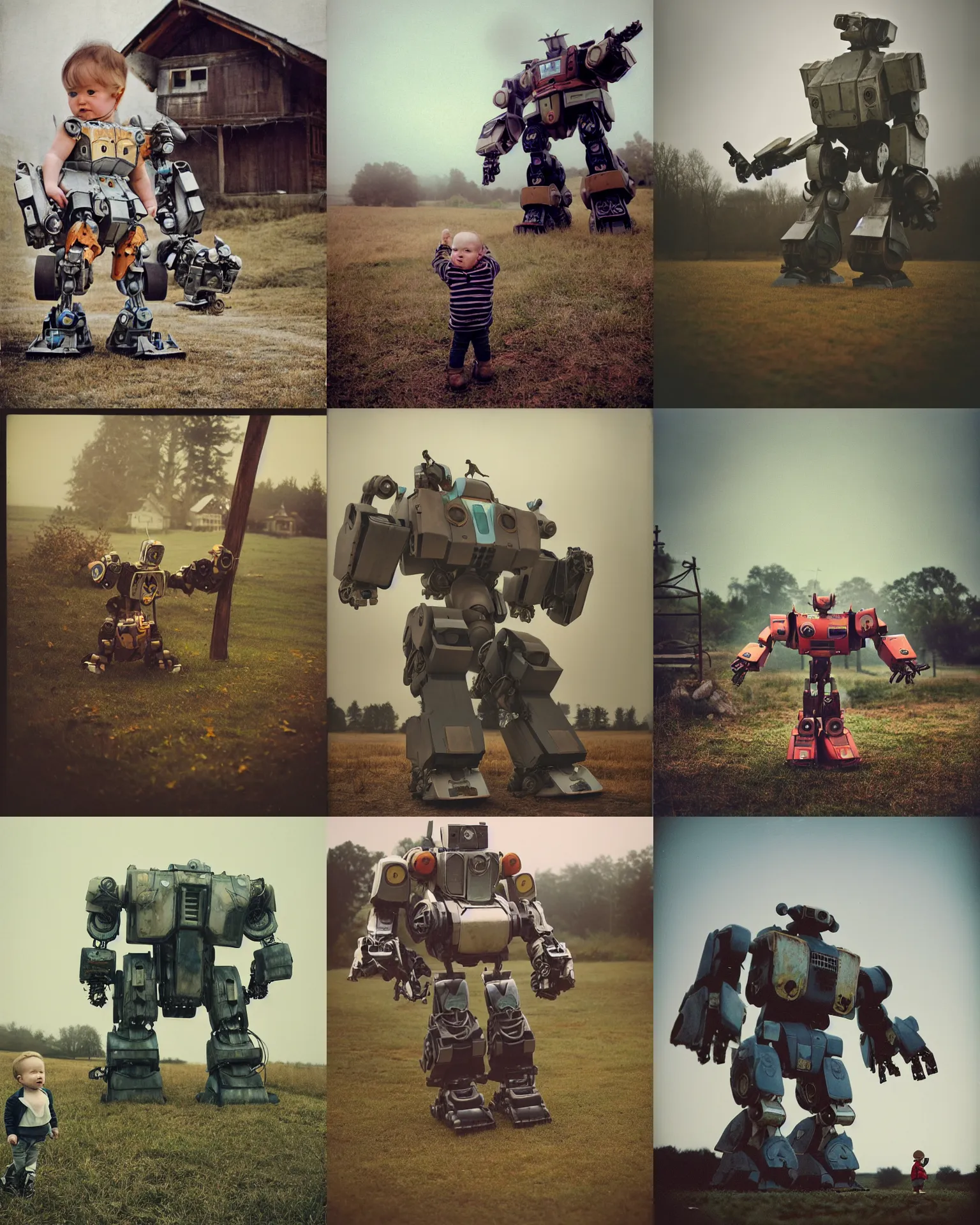 Prompt: giant oversized battle pose robot mech as giant baby on a village, Cinematic focus, Polaroid photo, vintage, neutral colors, soft lights, foggy, bokeh , destroyed farmhouse , by Steve Hanks, by Serov Valentin, by lisa yuskavage, by Andrei Tarkovsky