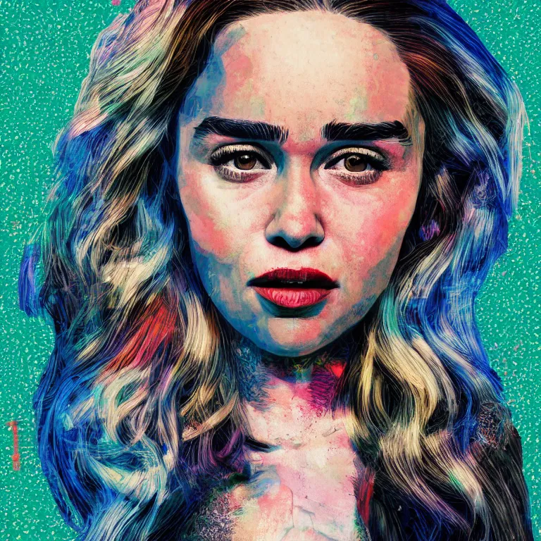 Image similar to Pop-art portrait of Emilia Clarke in style of glitchcore, photorealism