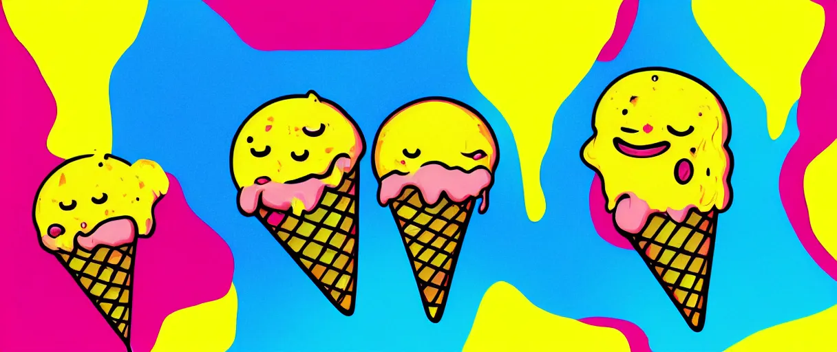 Prompt: popart supercute melting! multicolored ice cream jason limon digital painting dramatic yellow lighting high angle hd 8k sharp shallow depth of field