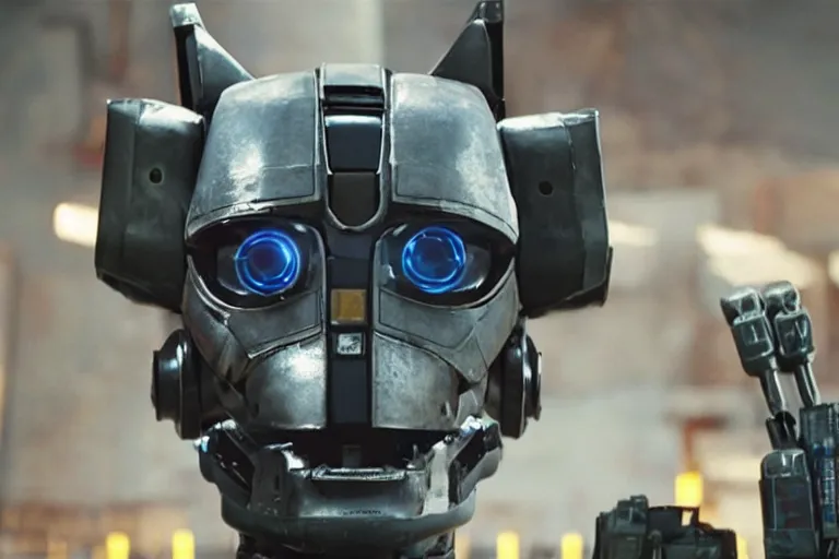 Prompt: film still from the movie chappie of the robot chappie furry anthro anthropomorphic stylized cat ears head android service droid robot machine fursona