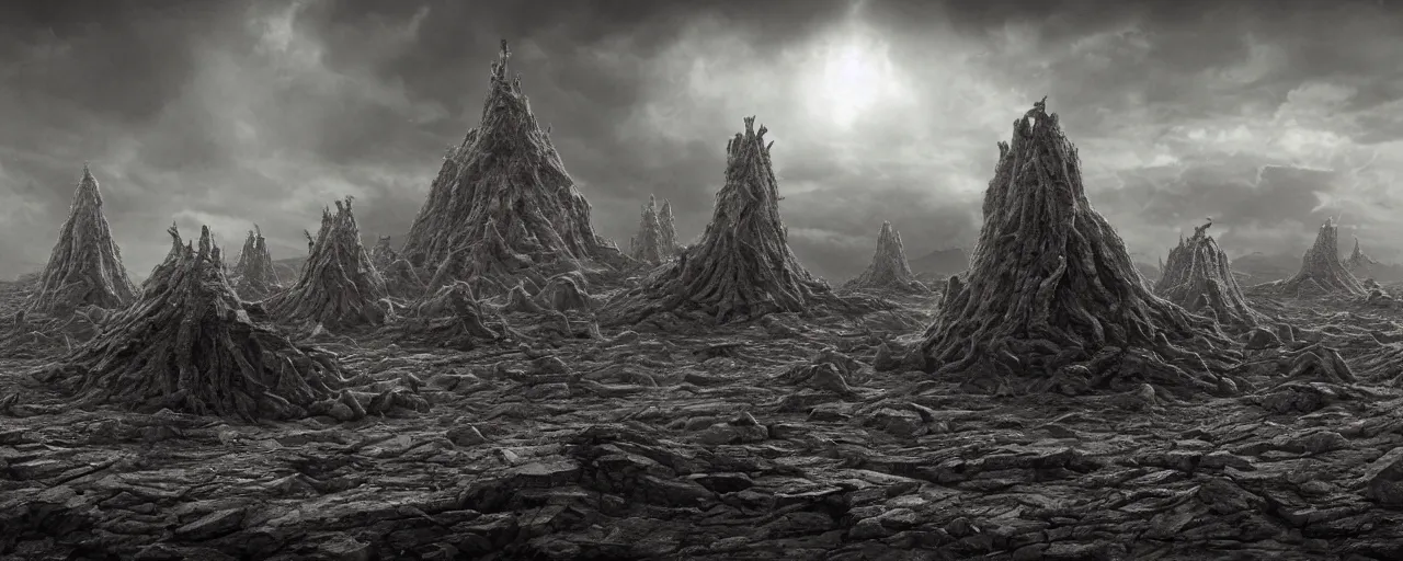 Image similar to a large ominous and geometric like large alien structure built on a barren dry land with an epic cloud formation on the background by HR GIger, Dariusz Zawadzki, Neil blevins, Feng Zhu, gustave doré, zhuoxin ye, very detailed, octane render, 8k, oranate and brooding, scary and dark, canon 24mm lens