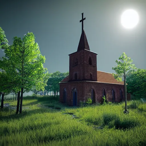 Prompt: church covered with vegetation volumetric lighting unreal engine vray tilt shift sun rays matte painting hyperrealism deviantart 8 k 3 d