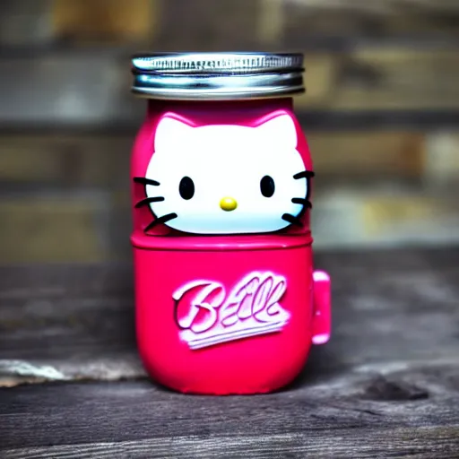 Image similar to hello kitty doll in a mason jar, 4 k, hyper realistic, dslr, high resolution, landscape, beautiful