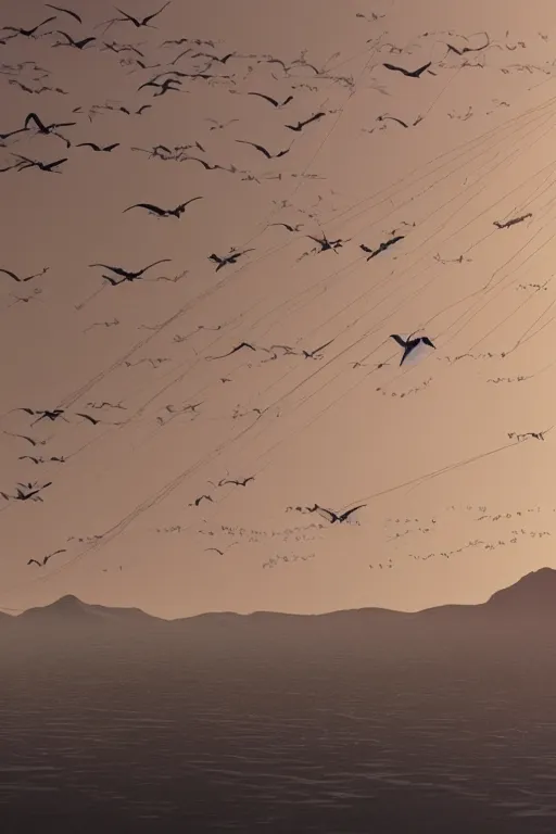 Prompt: A detailed matte painting of a flock of cranes flying upwards from river, water dripping,evening, Moebius, Artstation