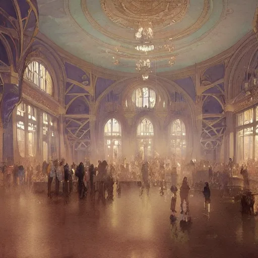 Image similar to a beautifull intricate watercolour painting of a ballroom, reflexions, verry high details by william turner art, greg rutkowski and alphonse mucha, trending on artstation, very very detailed, masterpiece, muted colors