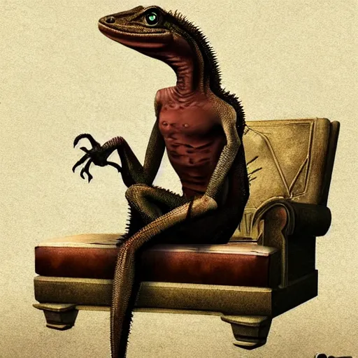 Image similar to anthro lizard with a prostetic arm sitting on a couch, fantasy art, matte painting, coherent like Dall-E 2