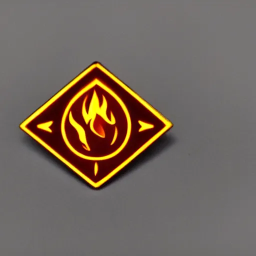 Image similar to an award winning photograph of a vintage 1 9 7 0 s minimalistic clean fire flames warning label enamel pin, beautiful cinematic light, behance