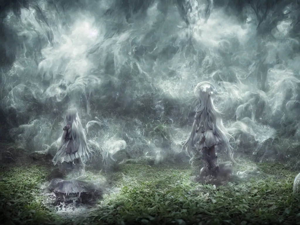 Image similar to cute fumo plush of a gothic maiden girl, overdose, overgrown flooded mystical mushroom forest temple, mysterious ritual over tempestuous stormy water, wisps of volumetric vortices of glowing smoke and fog, vignette, vray