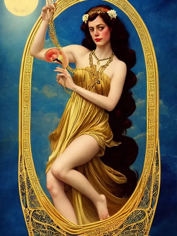 Image similar to kaya scodelario as the magic Greek goddess Circe, a beautiful art nouveau portrait by Gil elvgren, moonlit Mediterranean environment, centered composition, defined features, golden ratio, intricate gold jewlery