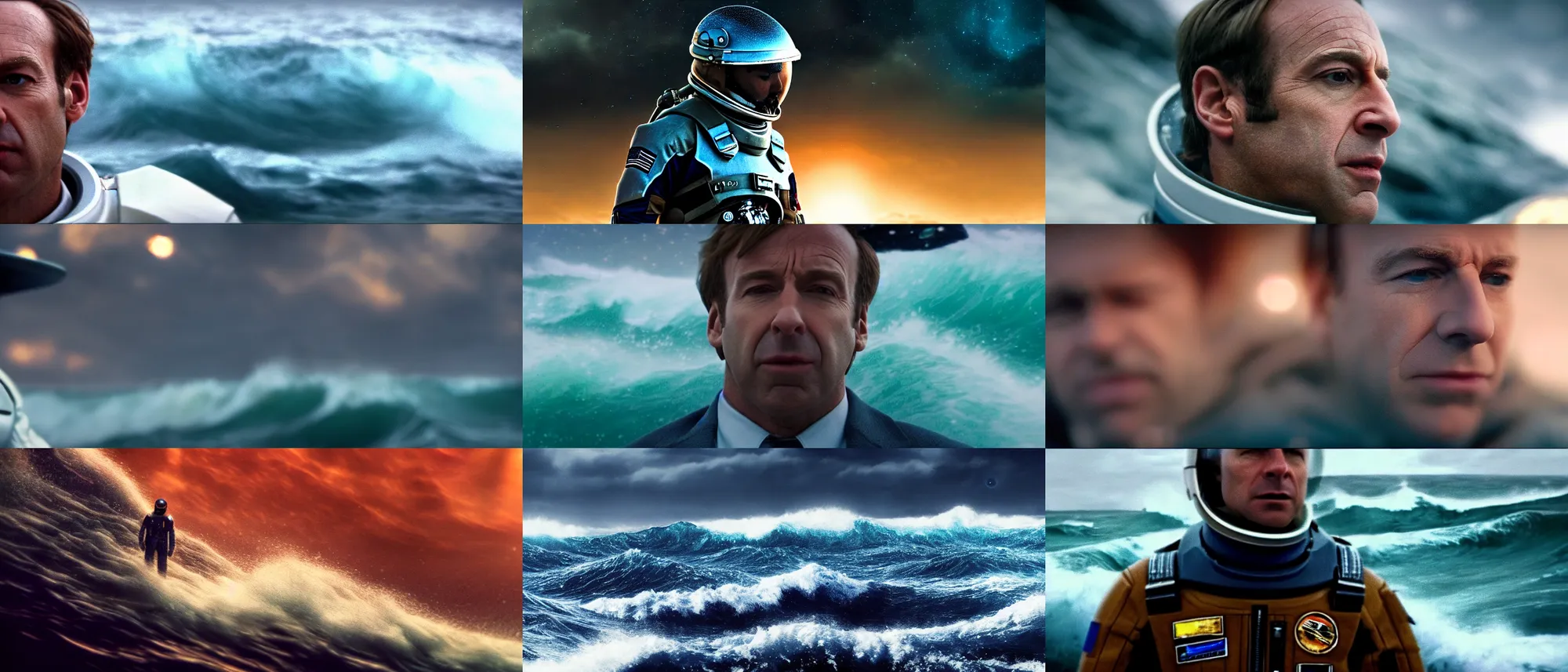 Prompt: on ocean , bokeh !!cinematic close up shot of saul goodman wearing the spacesuit in scene from the movie interstellar ,shady dull weather, panorama,natural dull colours, anamorphic, epic cinematic, DOF,exteremely giant ocean wave in background , escape,dramatic, motion blur