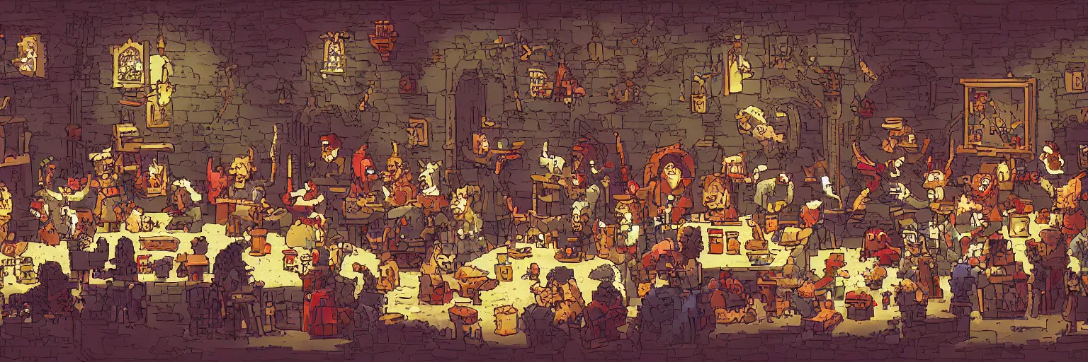 Prompt: panorama pixel art magic tavern with devils and angels eating and drinking, high detail